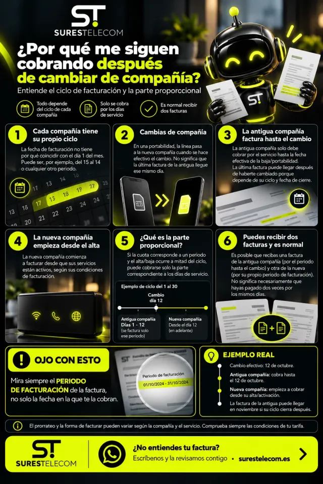 Infografía sobre por qué te siguen cobrando después de cambiar de compañía en 6 puntos: cada compañía tiene su propio ciclo de facturación, en una portabilidad la línea cambia el día efectivo, la antigua compañía factura hasta la fecha del cambio, la nueva empieza desde el alta, la parte proporcional cobra solo los días de servicio, y es normal recibir dos facturas. Ejemplo: con un ciclo del 1 al 30 y cambio el día 12, la antigua cobra los días 1 a 12 y la nueva desde el 12.