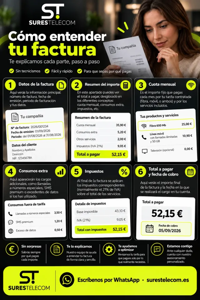 Infografía de cómo entender tu factura en 6 partes: datos de la factura (número, fecha y periodo), resumen del importe, cuota mensual por fibra y móvil, consumos extra como números especiales o SMS premium, impuestos (IVA del 21 %) y total a pagar con la fecha de cobro. En el ejemplo, 43,10 € más IVA son 52,15 €.