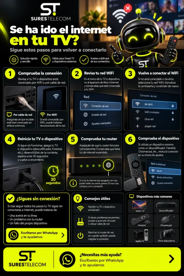 Infografía para volver a conectar a internet la TV en 6 pasos: comprueba si está conectada por WiFi o por cable de red, revisa la red WiFi en el menú de la TV, vuelve a conectar el WiFi con tu contraseña, reinicia la TV o el dispositivo 30 segundos sin corriente, comprueba que el router tiene la luz de internet encendida y revisa la conexión del descodificador, Firestick o Chromecast en su menú de ajustes.