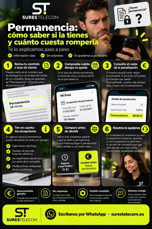 Infografía sobre la permanencia en 6 pasos: revisa tu contrato o área de cliente, comprueba cuánto tiempo te queda, consulta el coste de la penalización (por ejemplo, 12 meses a 5 € son 60 €), ten en cuenta las excepciones, compara antes de decidir y te ayudamos a gestionarlo.