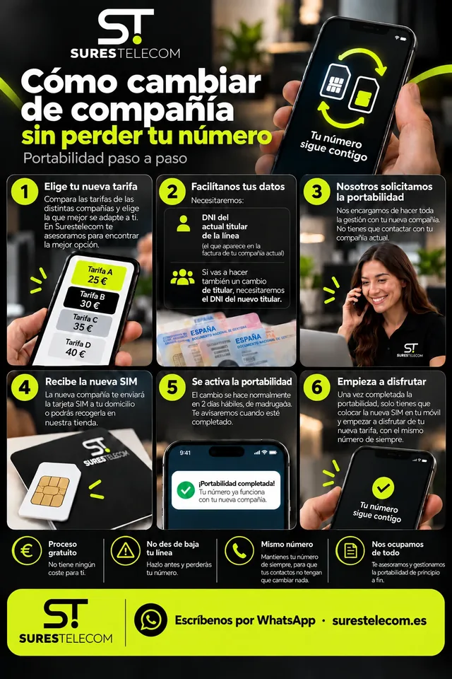 Infografía de la portabilidad en 6 pasos: elige tu nueva tarifa, facilítanos tus datos (DNI del titular), nosotros solicitamos la portabilidad, recibe la nueva SIM, se activa la portabilidad en unos 2 días hábiles de madrugada y empieza a disfrutar con el mismo número. Proceso gratuito; no des de baja tu línea antes.