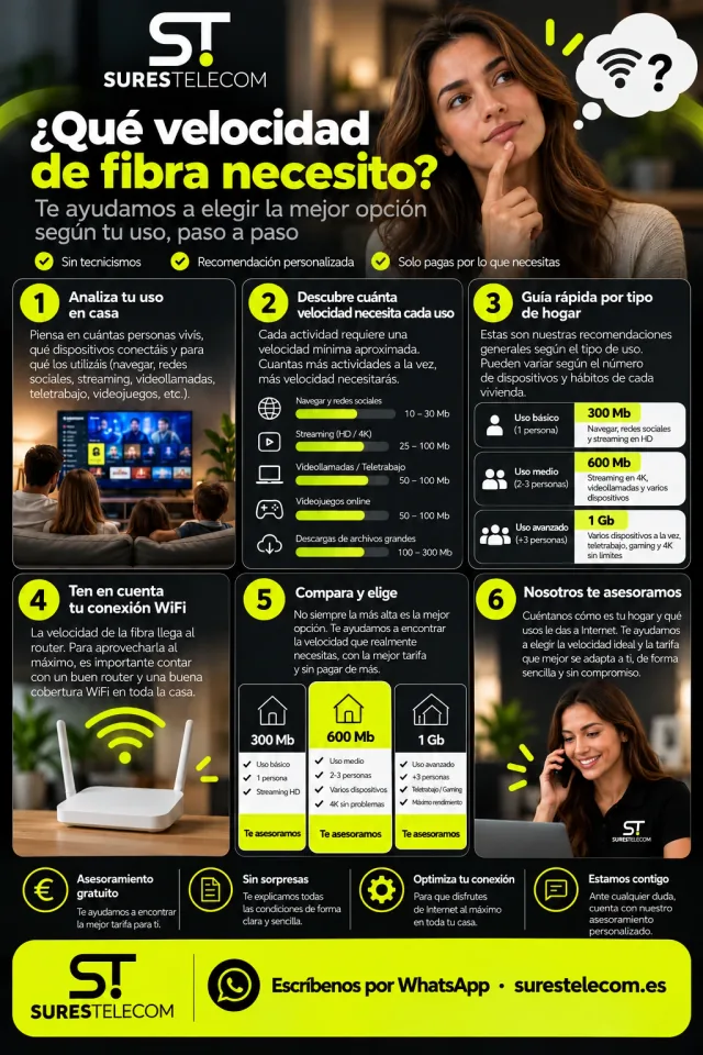 Infografía sobre qué velocidad de fibra necesitas: analiza tu uso, velocidad aproximada por actividad (navegar 10-30 Mb, streaming 25-100 Mb, videollamadas y videojuegos 50-100 Mb, descargas grandes 100-300 Mb), guía por tipo de hogar (300 Mb uso básico, 600 Mb uso medio de 2-3 personas, 1 Gb uso avanzado de más de 3 personas), la importancia del wifi y nuestro asesoramiento.