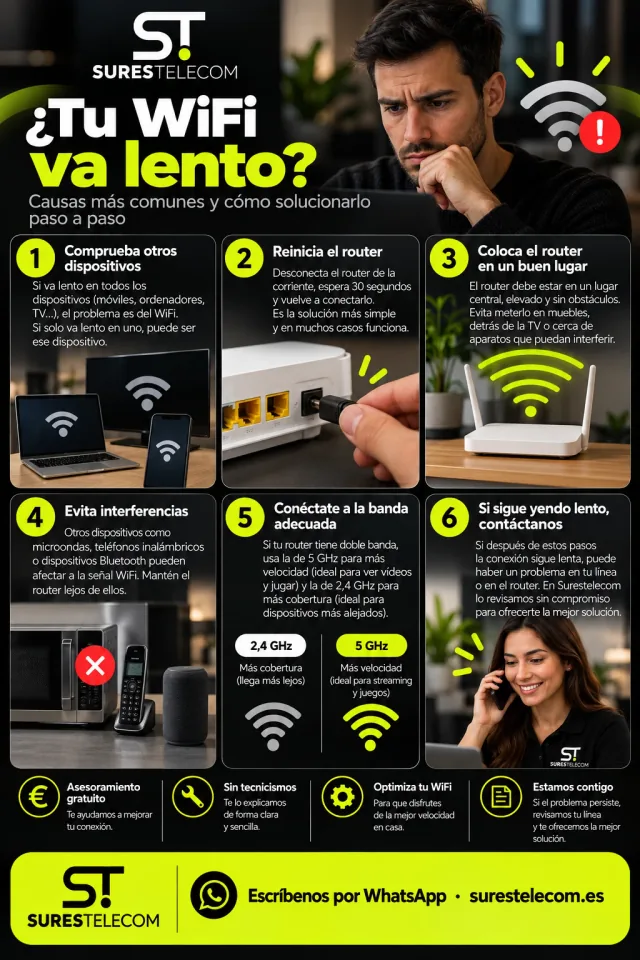Infografía sobre el wifi lento en 6 pasos: comprueba otros dispositivos, reinicia el router 30 segundos, coloca el router en un lugar central y elevado, evita interferencias como el microondas o el teléfono inalámbrico, conéctate a la banda adecuada (2,4 GHz más cobertura, 5 GHz más velocidad) y, si sigue lento, contáctanos.